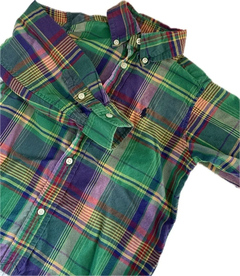 Ralph Lauren Long Sleeve Button Down Vibrant Colorful Plaid Shirt 3T 100% Cotton